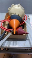 Box of miscellaneous funnels and pump