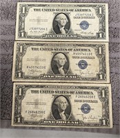 (3) 1935 $1 Blue Seal Silver Certificates