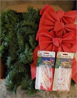 Christmas Box of Garland, few bows, light clips