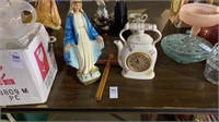 Religious figures, wooded wall cross, desk clock