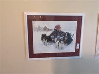 Robert Duncan winter scene of child and 3 dogs
