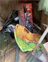 CONTENTS OF SMALL SHED: YARD TOOLS, SLED, BOX