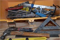 Tool box with tin snips, hammers, safety glasses,