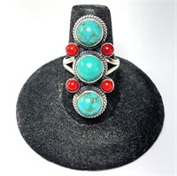 Large Sterling Turquoise/Coral Ring 8 Gr Size 7.5
