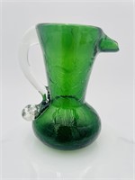 Hand Blown Emerald Green Crackle Glass Pitcher