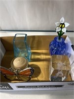 Paperweight, butterfly candle holder, and vases