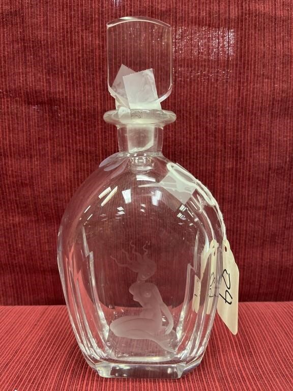 Orrefors etched decanter with stopper 9.5”h