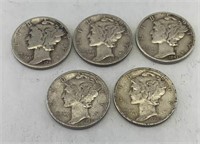 (5) Silver Mercury Dimes