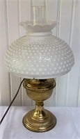 VTG Brass Hurricane Lamp w/ Hobnail Milk Glass
