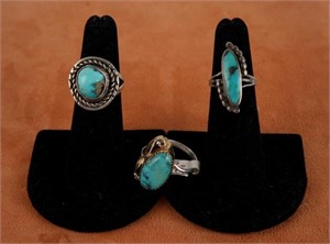 3 Navajo Turquoise and sterling rings