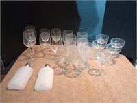 Mixed group of 19 wine glasses and 2 flasks