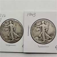 1936 S & 1943 WALKING LIBERTY HALF DOLLARS