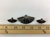 Siam sterling niello fan pin & earrings 17 grams