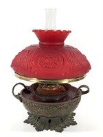 PL & BC Co Success Banquet Oil Lamp w Ruby Shade