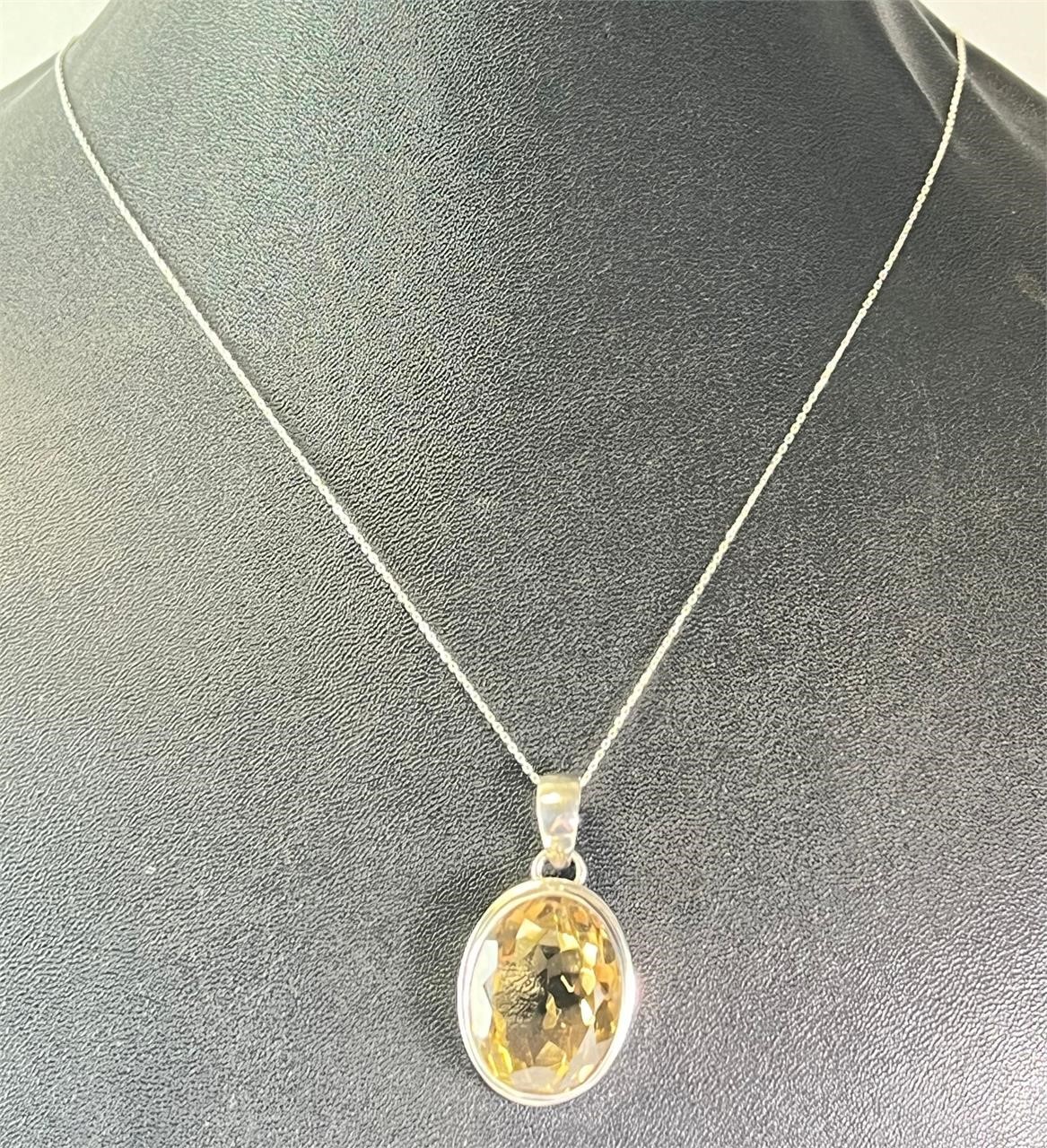 18" Sterling Necklace Lg Citrine Pendant 18 Grams