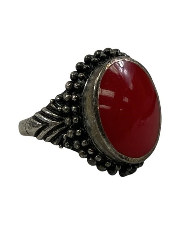 Ladies .925 Silver Red Coral Ring