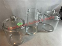 Glass Pitcher & (2) Canister Jars