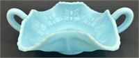 Fenton Blue Satin Butterfly Handled Bowl