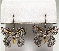Sterling Butterfly Earrings w/14 Kt Gold 3 Grams