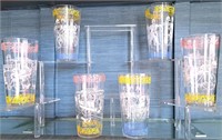 6 MID CENTURY PRINTED GLASS TUMBLERS 5 1/2" TALL
