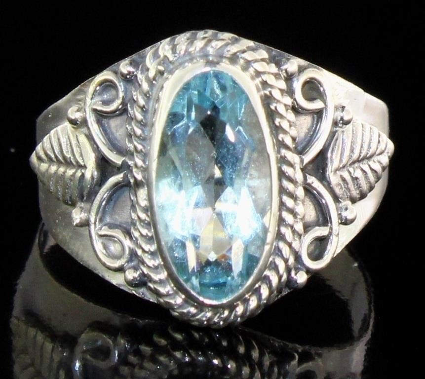 Quality 2.10 ct Elongated Natural Blue Topaz Ring