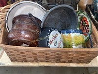 Basket of enamel ware and cast iron