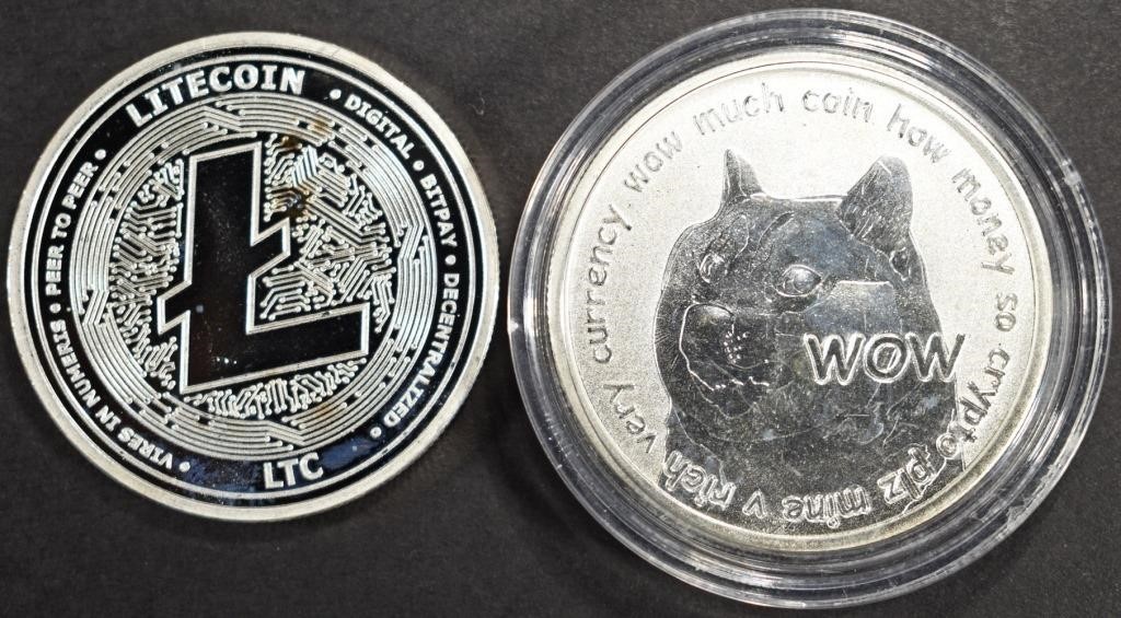 (2) 1 OZ .999 SILVER ROUNDS, LITECOIN & DOGECOIN