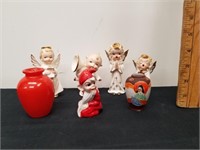 Group of ceramic vintage figurines with vases