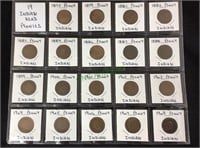 Coins, 19 Indian head pennies, 1875//1909(1178)