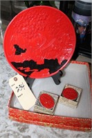 Gorgeous Asian Red carved plate & trinket boxes
