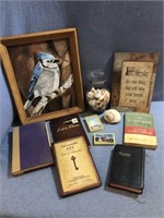 Home Decor & Book Lot Including Blue Jay painting