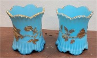 Pr Northwood chrysanthemum blue milk glass vases