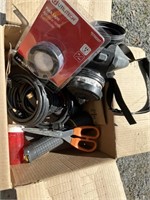 BOX OF MISC GARAGE AND HOME ITEMS AND TOOLS