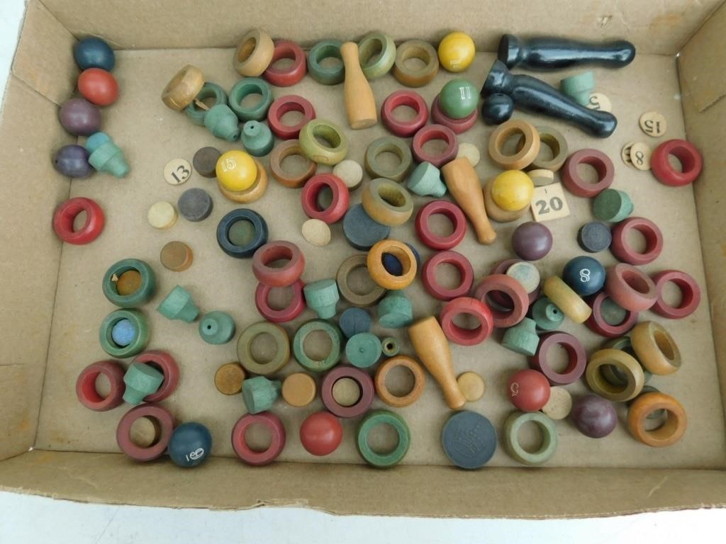 Various wooden game rings and markers