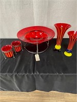 5pc Red Art Glas Bowl, Vases, Candle Holders