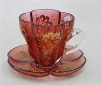Cranberry decorated cup & saucer, Moser?