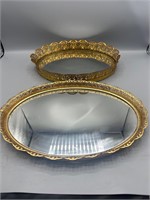Vintage oval mirrored dresser trays