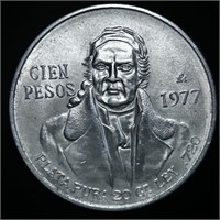 1977 UNCIRCULATED MEXICAN SILVER CIEN PESOS COIN