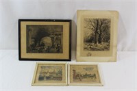 4 Early Signed Watercolors, Etching, Engraving