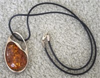 Russian Silver & Baltic Amber Pendant Necklace