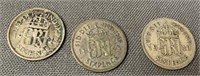 3 Silver Great Britain 6 Pence Coins