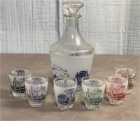 Mid Century French Glass Decanter & 6 Shot