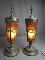 Pair of Antique Amber Glass Vigil Urn Lamps