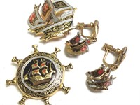 Unique Enameled Spanish Ship Earrings & Pin