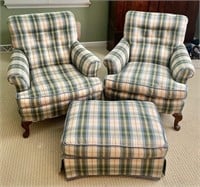 2 green plaid upholstered chairs & ottoman