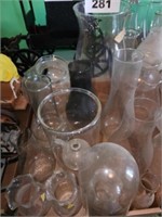 FLAT OF VARIOUS GLASS OIL LAMP CHIMNEYS