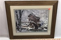 Winter Scene Watermill Print with Rustic Frame