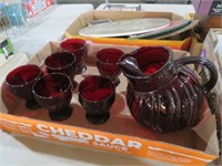 COLL OF RUBY RED PITCHER AND GLASSES