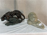 2pc Sculptures: Stalking Panther, Stone Abstract