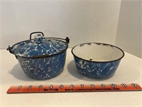 Robin egg blue swirl enamel pot and bowl